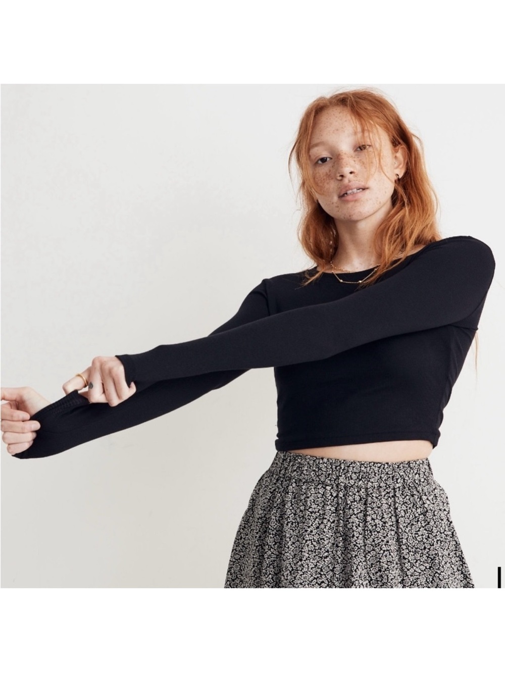 Madewell Black Superfine Ribbed Long-Sleeve Crop Top